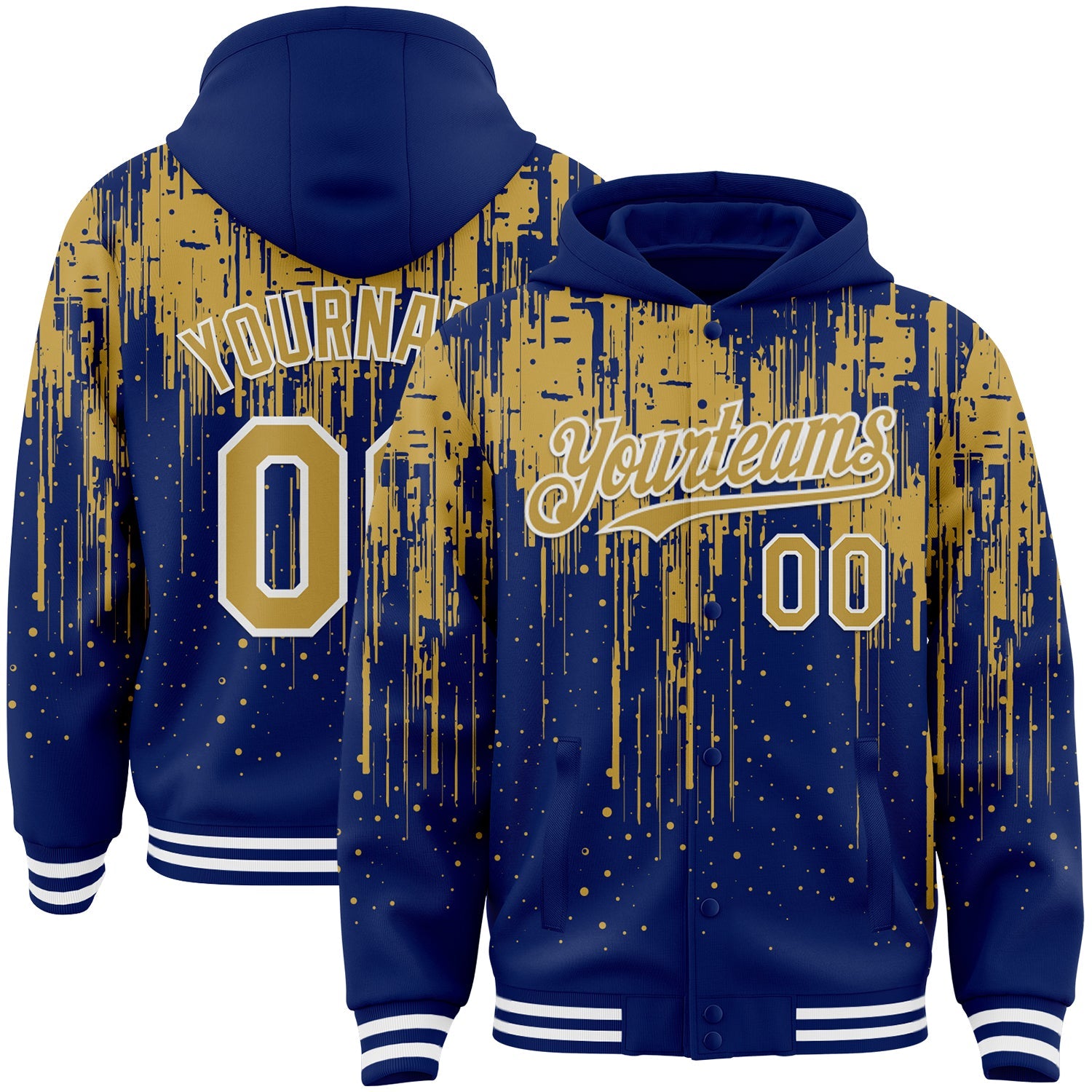 Custom Royal Old Gold-White Dripping Splatter Bomber Full-Snap Varsity Letterman Hoodie Jacket - Main View