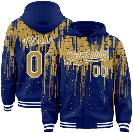 Custom Royal Old Gold-White Dripping Splatter Bomber Full-Snap Varsity Letterman Hoodie Jacket - Main View
