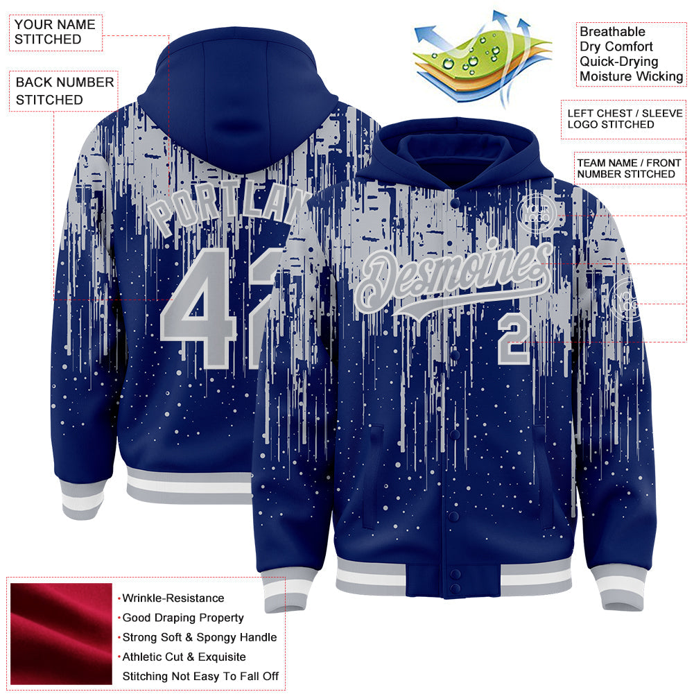 Custom Royal Gray-White Dripping Splatter Bomber Full-Snap Varsity Letterman Hoodie Jacket view 4