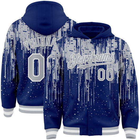 Custom Royal Gray-White Dripping Splatter Bomber Full-Snap Varsity Letterman Hoodie Jacket - Main View