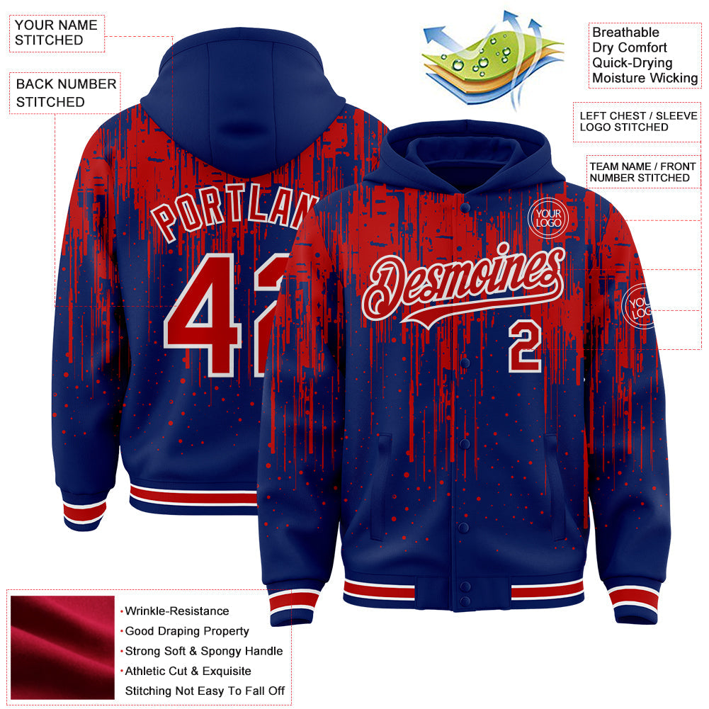 Custom Royal Red-White Dripping Splatter Bomber Full-Snap Varsity Letterman Hoodie Jacket view 4