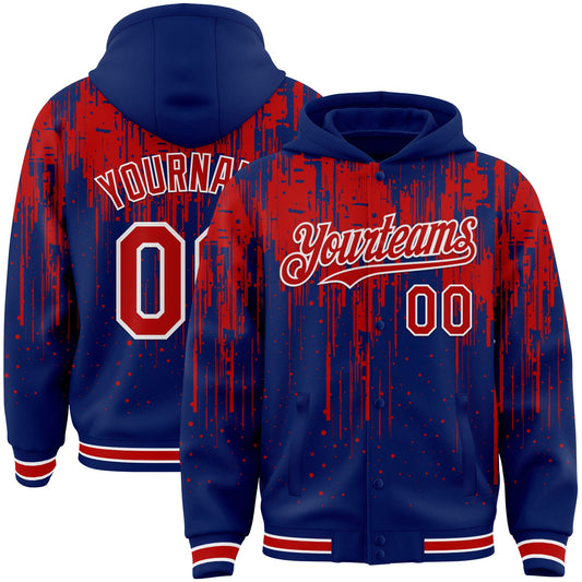 Custom Royal Red-White Dripping Splatter Bomber Full-Snap Varsity Letterman Hoodie Jacket - Main View