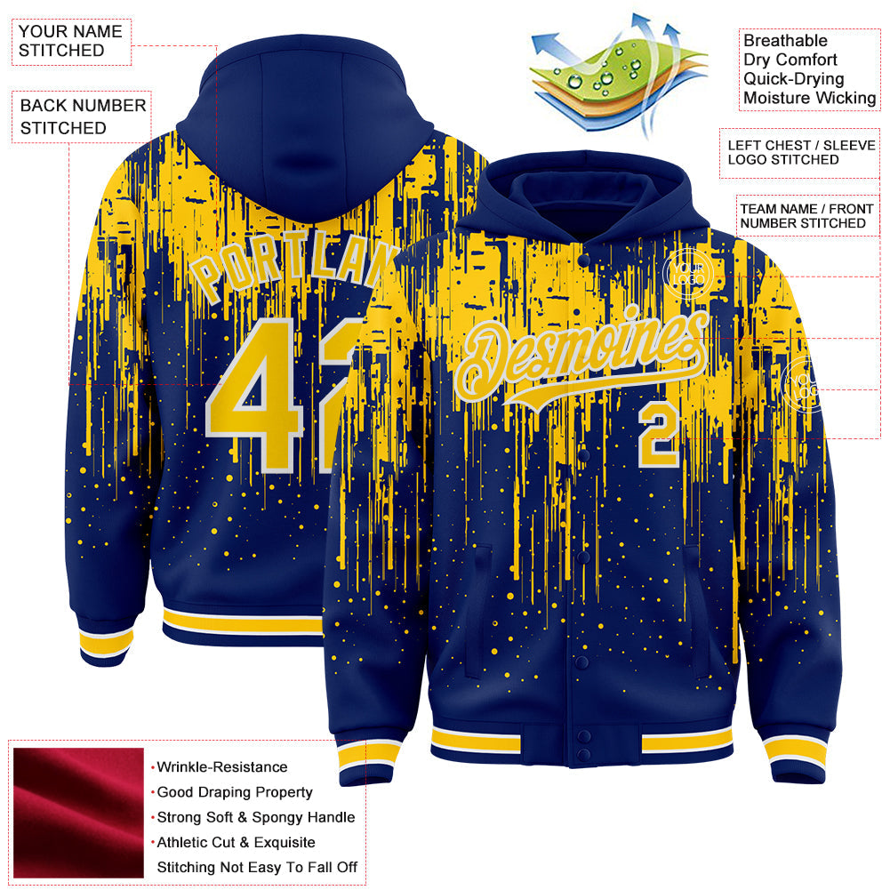 Custom Royal Yellow-White Dripping Splatter Bomber Full-Snap Varsity Letterman Hoodie Jacket view 4