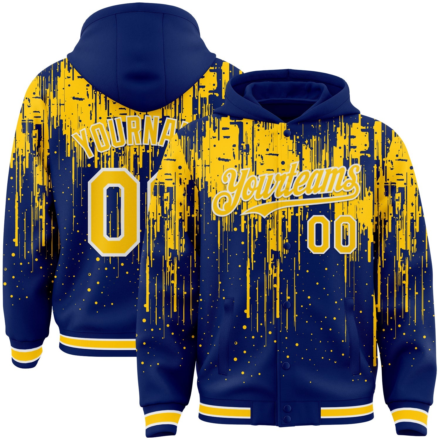 Custom Royal Yellow-White Dripping Splatter Bomber Full-Snap Varsity Letterman Hoodie Jacket - Main View