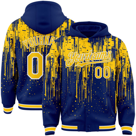 Custom Royal Yellow-White Dripping Splatter Bomber Full-Snap Varsity Letterman Hoodie Jacket - Main View