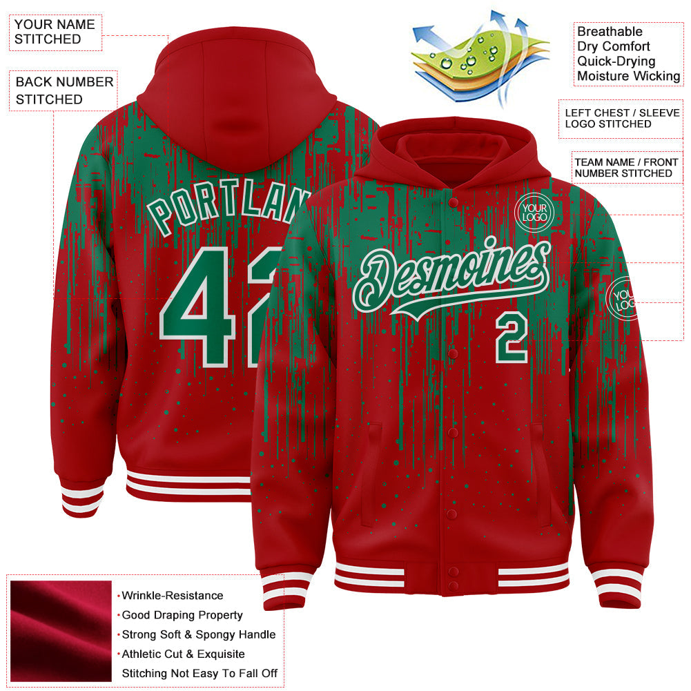 Custom Royal Kelly Green-White Dripping Splatter Bomber Full-Snap Varsity Letterman Hoodie Jacket view 4