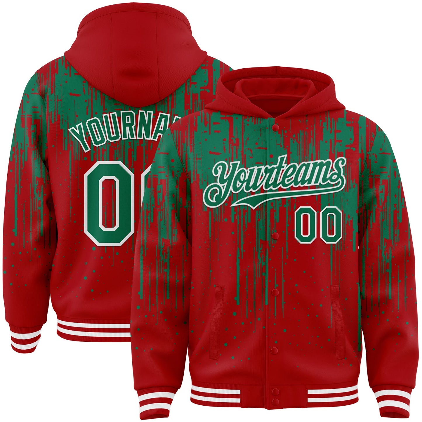 Custom Royal Kelly Green-White Dripping Splatter Bomber Full-Snap Varsity Letterman Hoodie Jacket - Main View