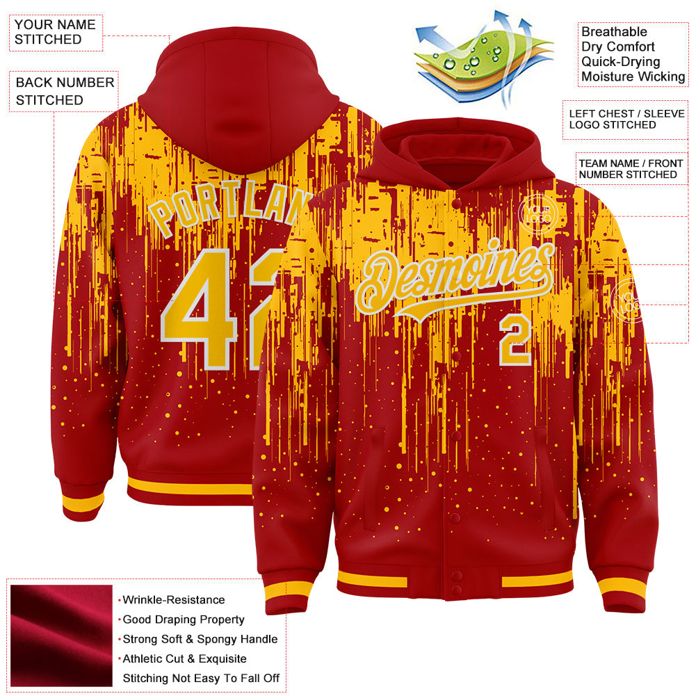 Custom Red Gold-White Dripping Splatter Bomber Full-Snap Varsity Letterman Hoodie Jacket view 4