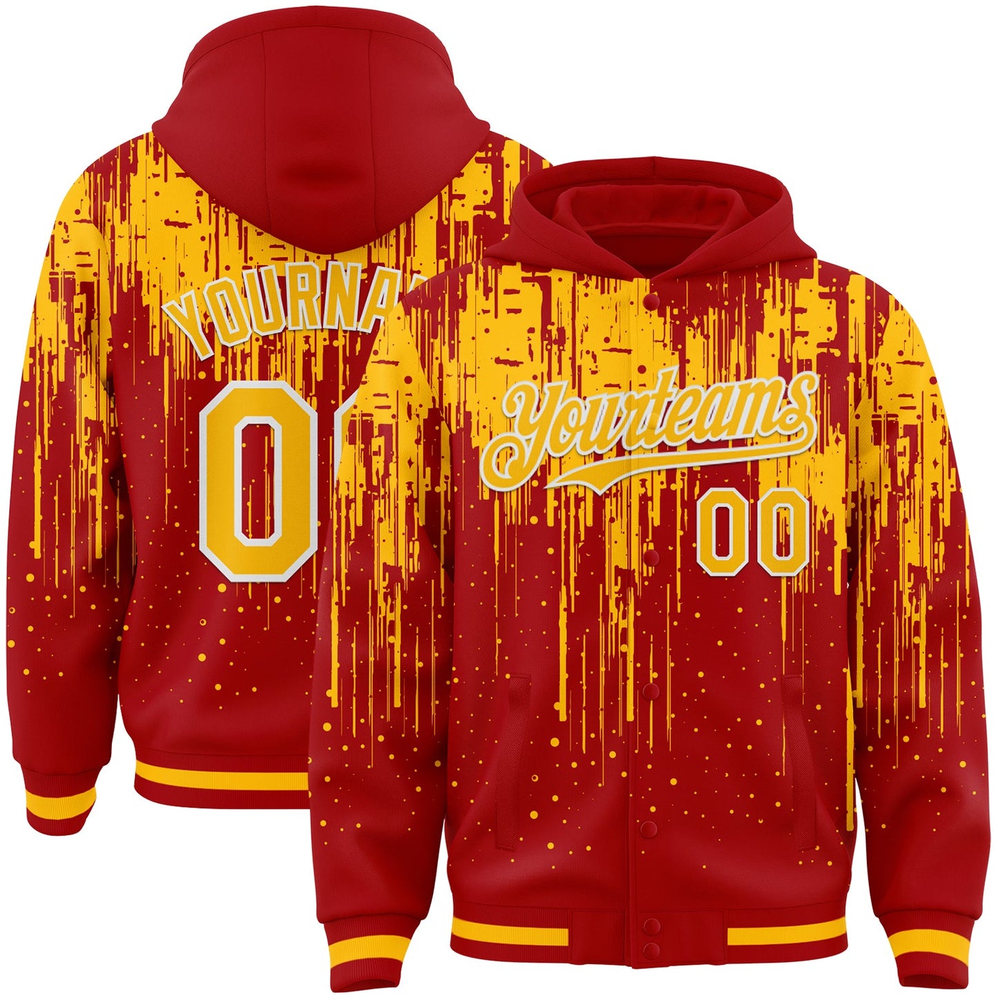 Custom Red Gold-White Dripping Splatter Bomber Full-Snap Varsity Letterman Hoodie Jacket - Main View