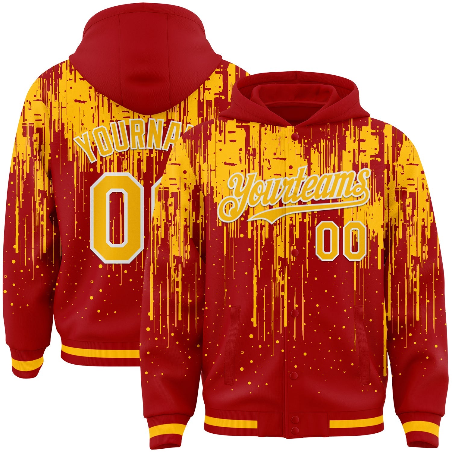 Custom Red Gold-White Dripping Splatter Bomber Full-Snap Varsity Letterman Hoodie Jacket - Main View