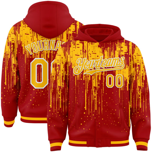 Custom Red Gold-White Dripping Splatter Bomber Full-Snap Varsity Letterman Hoodie Jacket - Main View