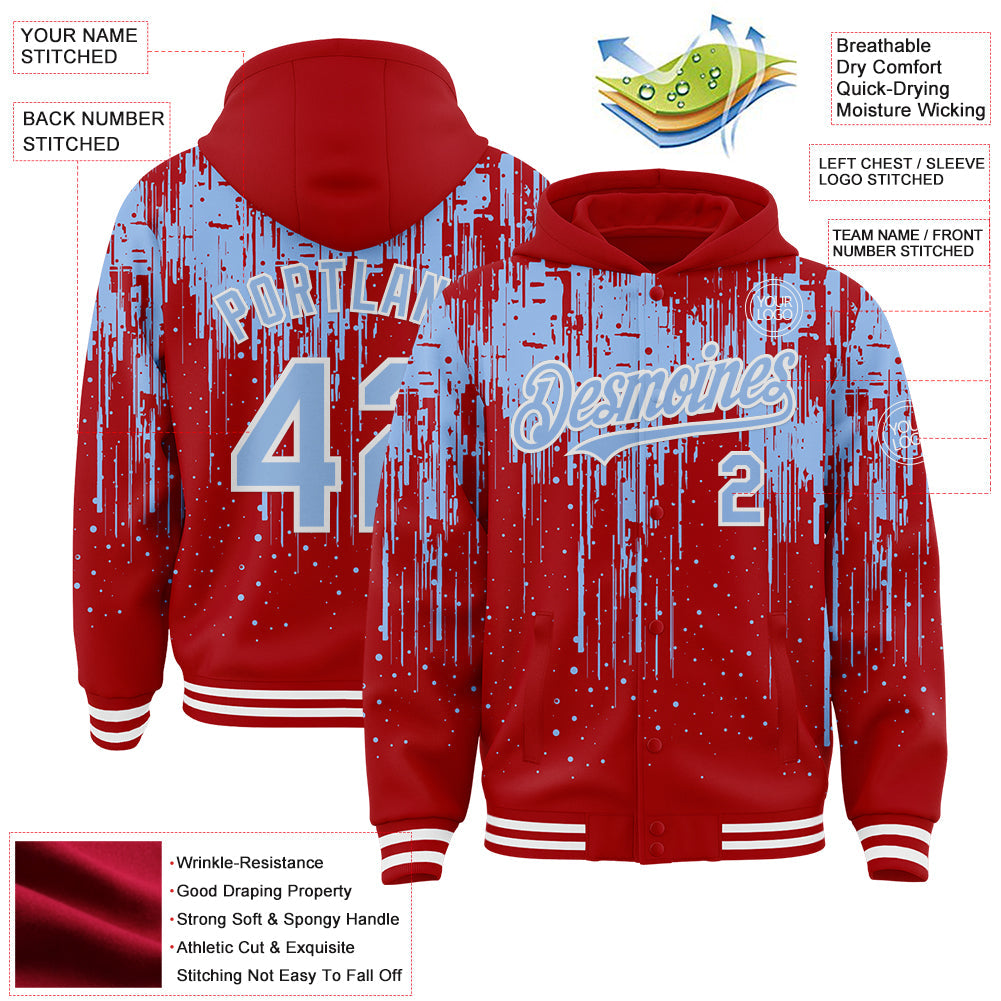 Custom Red Light Blue-White Dripping Splatter Bomber Full-Snap Varsity Letterman Hoodie Jacket view 4