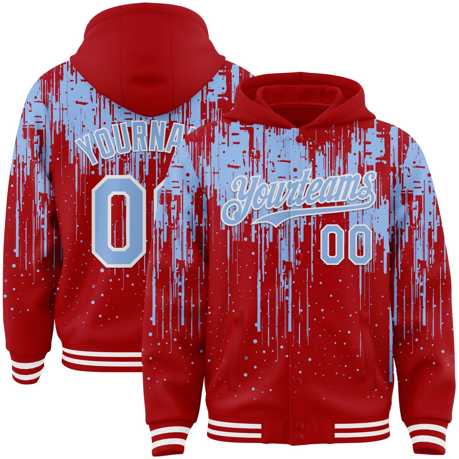 Custom Red Light Blue-White Dripping Splatter Bomber Full-Snap Varsity Letterman Hoodie Jacket - Main View
