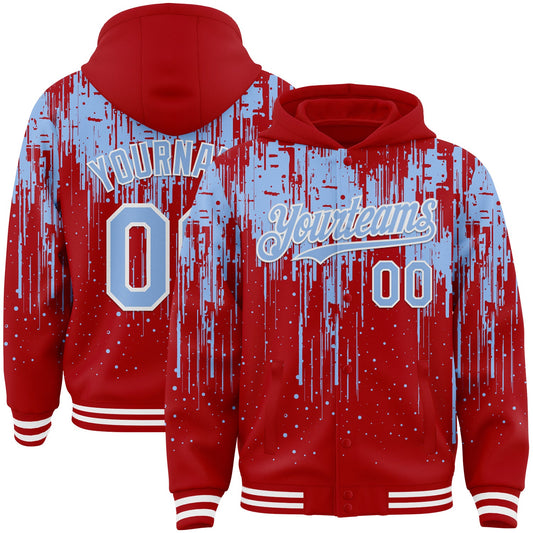 Custom Red Light Blue-White Dripping Splatter Bomber Full-Snap Varsity Letterman Hoodie Jacket - Main View