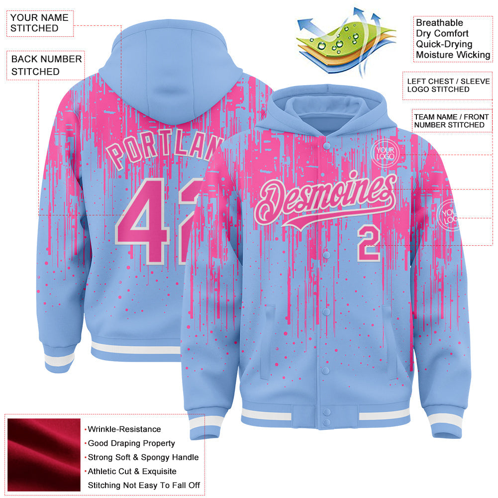 Custom Light Blue Pink-White Dripping Splatter Bomber Full-Snap Varsity Letterman Hoodie Jacket view 4