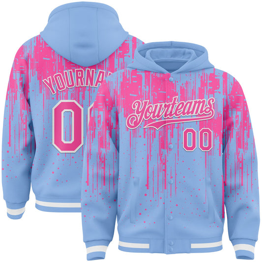 Custom Light Blue Pink-White Dripping Splatter Bomber Full-Snap Varsity Letterman Hoodie Jacket - Main View