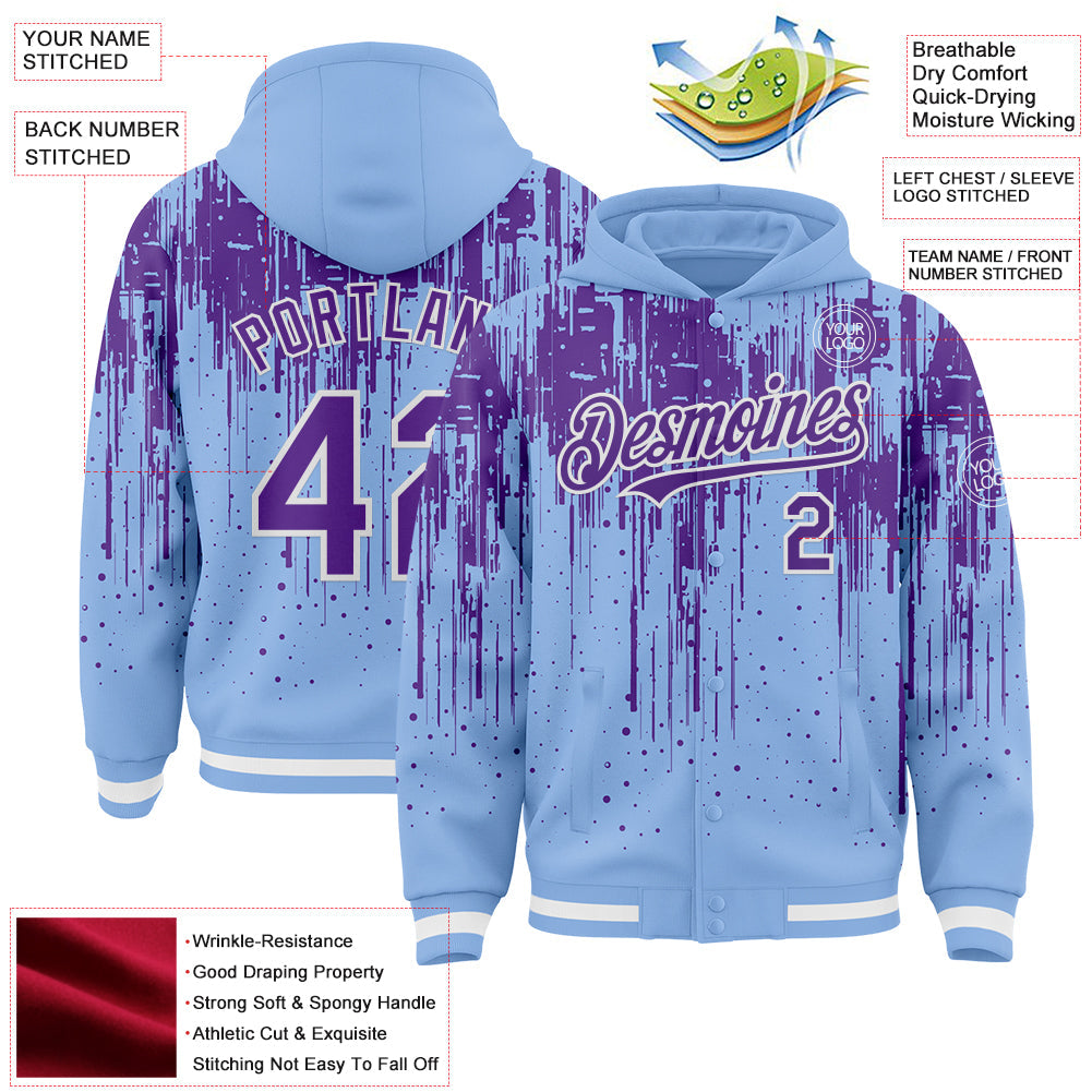 Custom Light Blue Purple-White Dripping Splatter Bomber Full-Snap Varsity Letterman Hoodie Jacket view 4