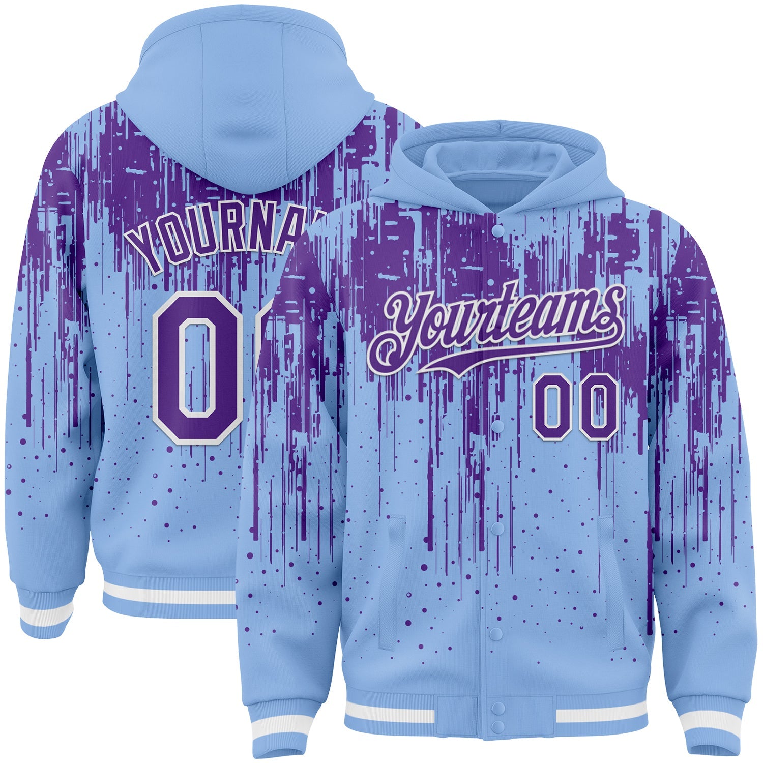 Custom Light Blue Purple-White Dripping Splatter Bomber Full-Snap Varsity Letterman Hoodie Jacket - Main View
