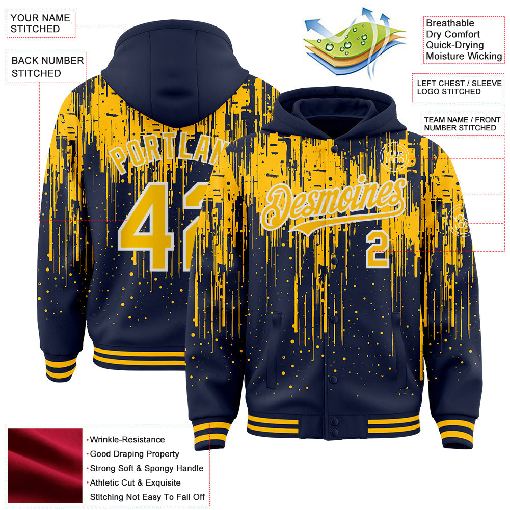 Custom Navy Gold-White Dripping Splatter Bomber Full-Snap Varsity Letterman Hoodie Jacket view 4