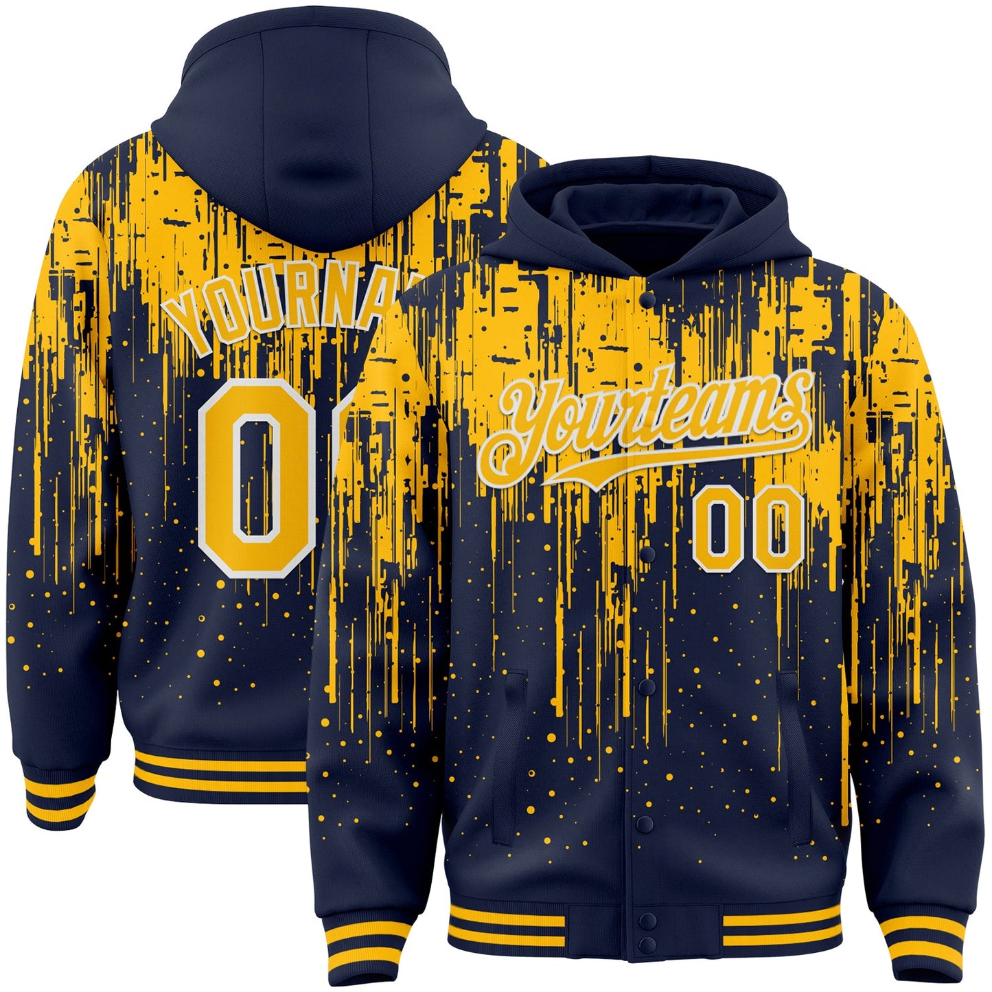 Custom Navy Gold-White Dripping Splatter Bomber Full-Snap Varsity Letterman Hoodie Jacket - Main View