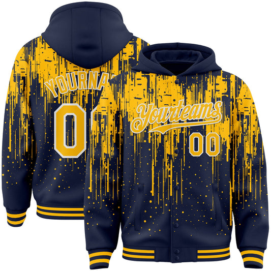 Custom Navy Gold-White Dripping Splatter Bomber Full-Snap Varsity Letterman Hoodie Jacket - Main View