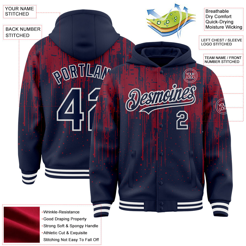 Custom Navy Crimson-White Dripping Splatter Bomber Full-Snap Varsity Letterman Hoodie Jacket view 4