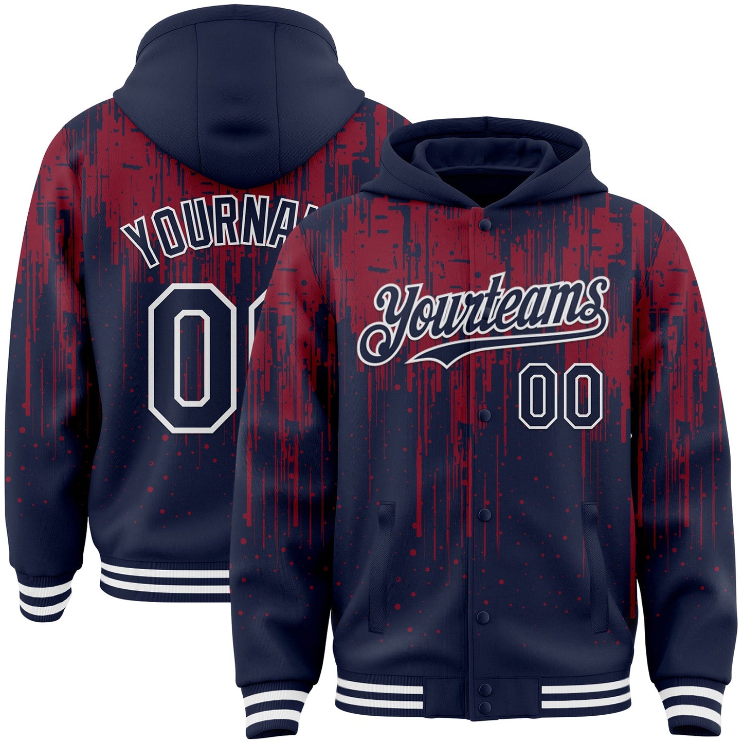 Custom Navy Crimson-White Dripping Splatter Bomber Full-Snap Varsity Letterman Hoodie Jacket - Main View