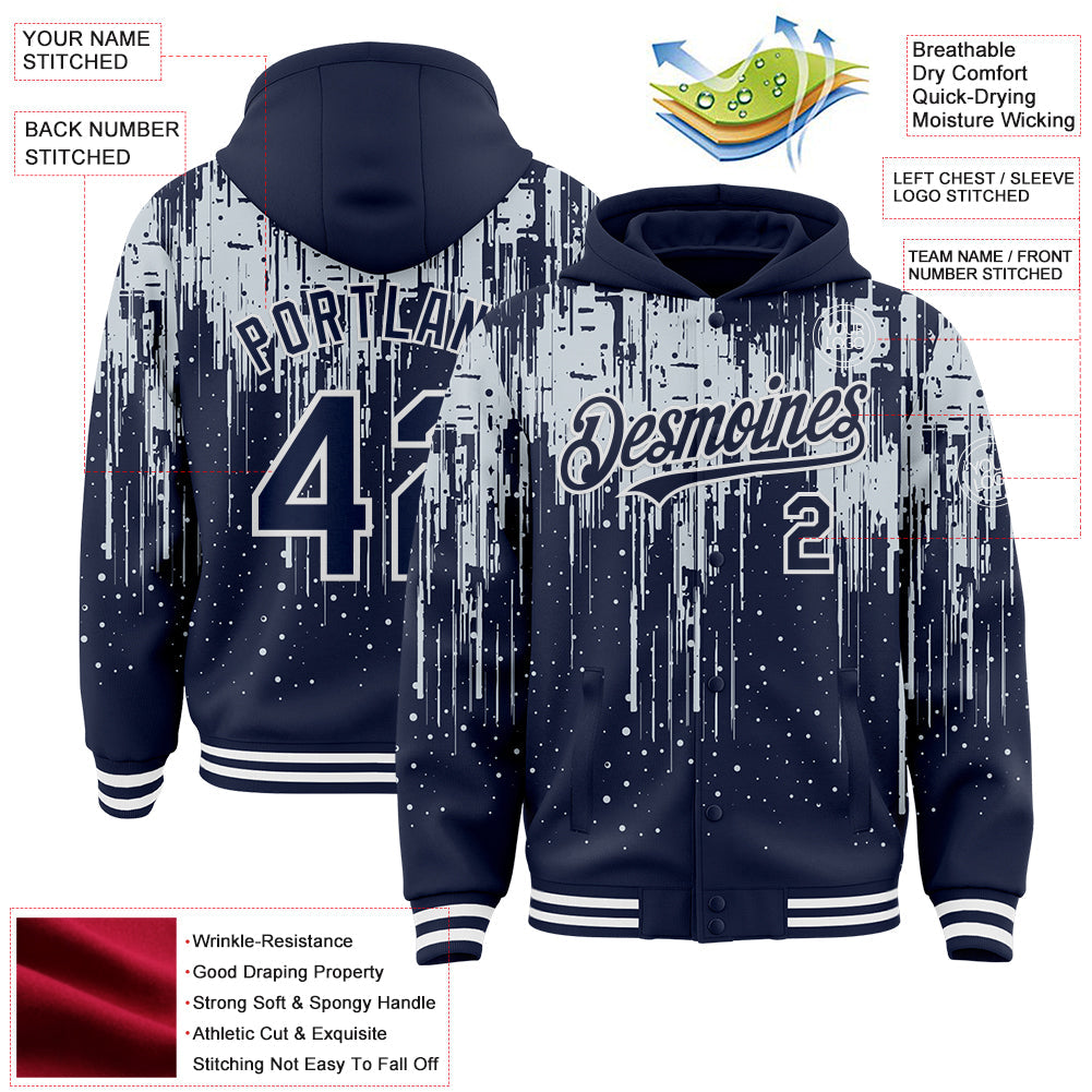 Custom Navy Silver-White Dripping Splatter Bomber Full-Snap Varsity Letterman Hoodie Jacket view 4
