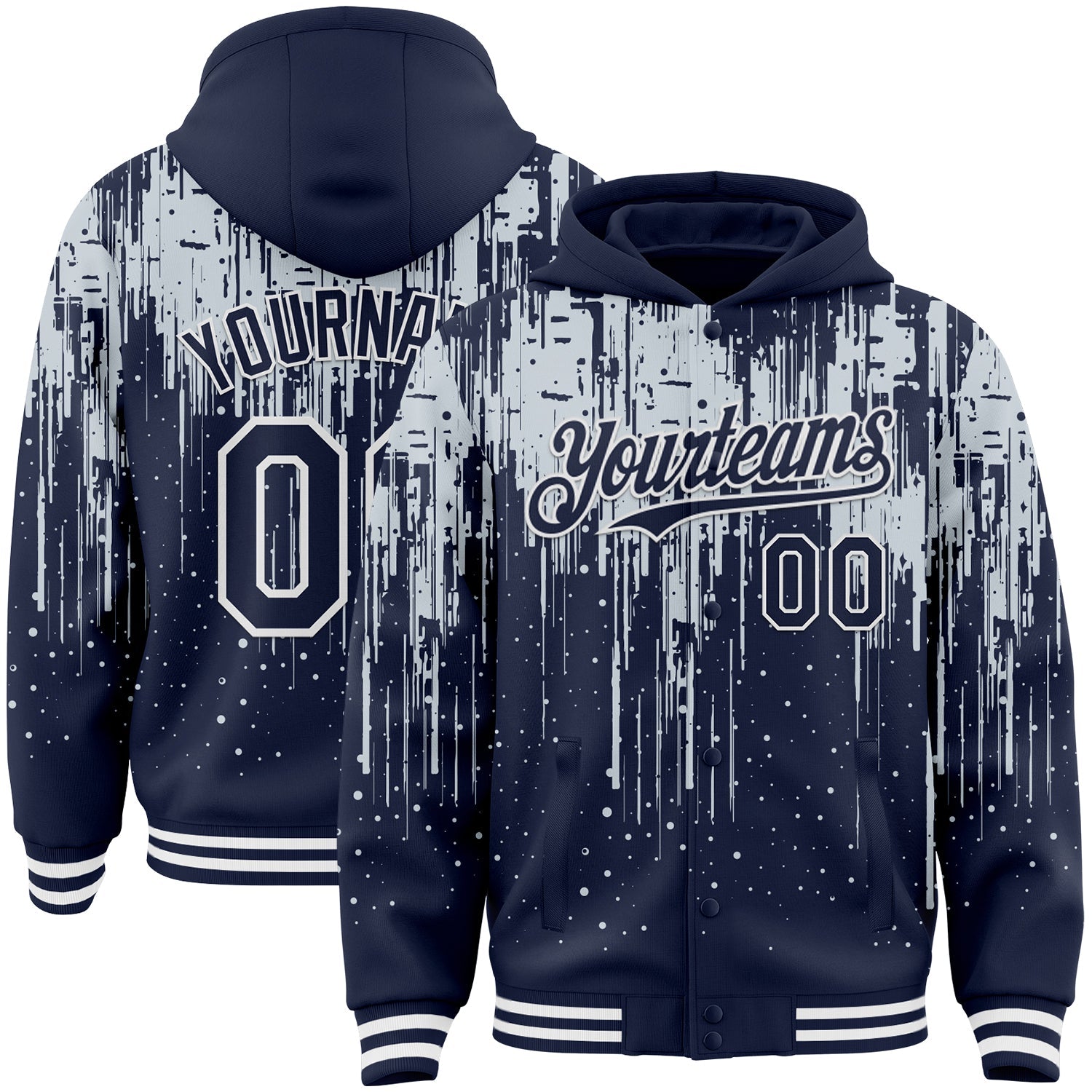 Custom Navy Silver-White Dripping Splatter Bomber Full-Snap Varsity Letterman Hoodie Jacket - Main View