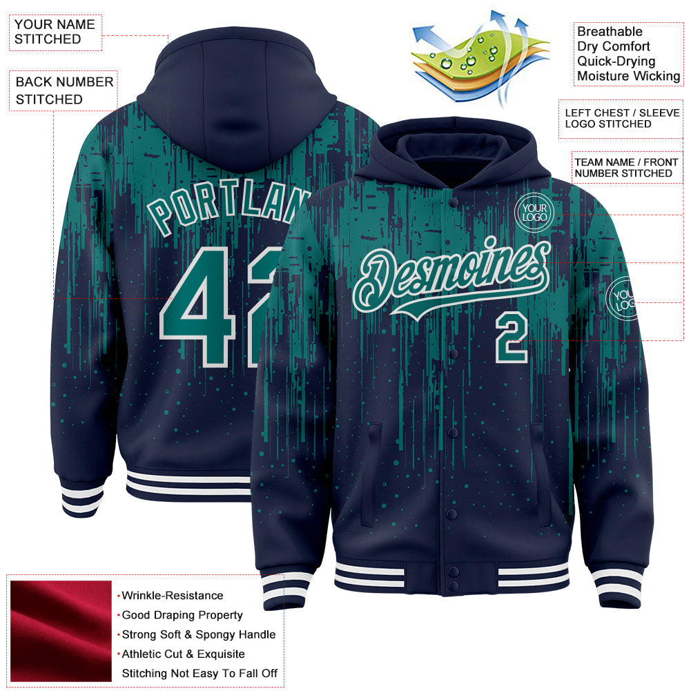Custom Navy Teal-White Dripping Splatter Bomber Full-Snap Varsity Letterman Hoodie Jacket view 4