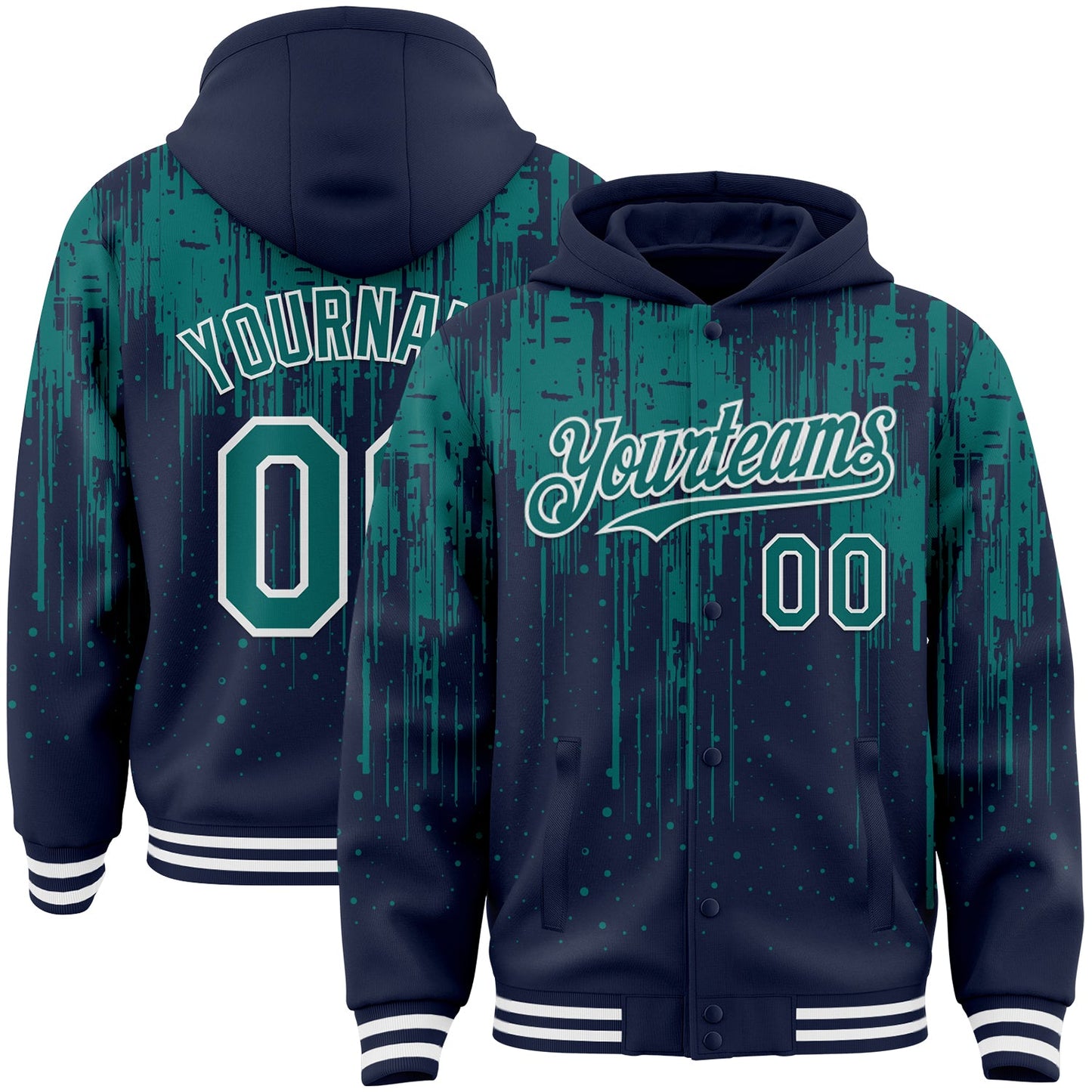 Custom Navy Teal-White Dripping Splatter Bomber Full-Snap Varsity Letterman Hoodie Jacket - Main View