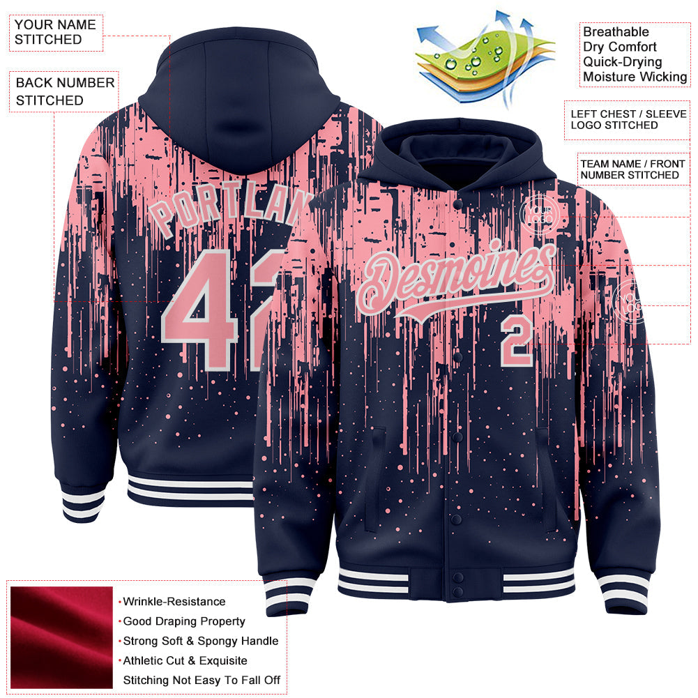 Custom Navy Medium Pink-White Dripping Splatter Bomber Full-Snap Varsity Letterman Hoodie Jacket view 4