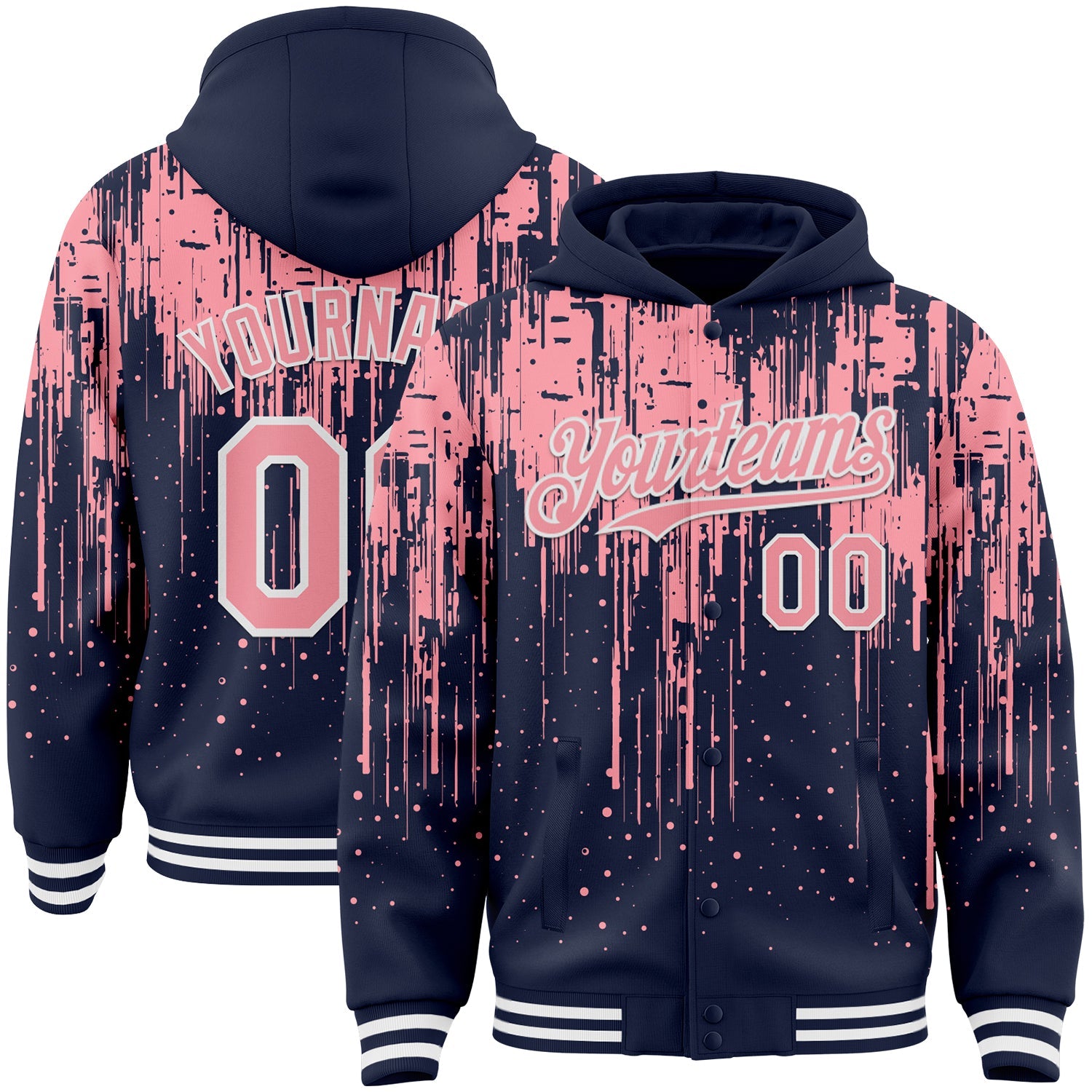 Custom Navy Medium Pink-White Dripping Splatter Bomber Full-Snap Varsity Letterman Hoodie Jacket - Main View