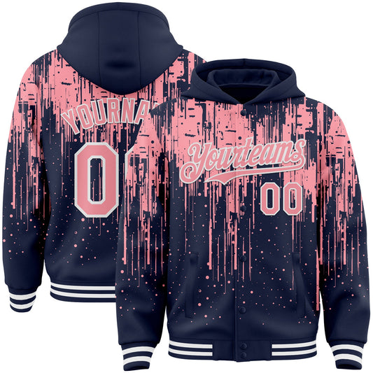 Custom Navy Medium Pink-White Dripping Splatter Bomber Full-Snap Varsity Letterman Hoodie Jacket - Main View