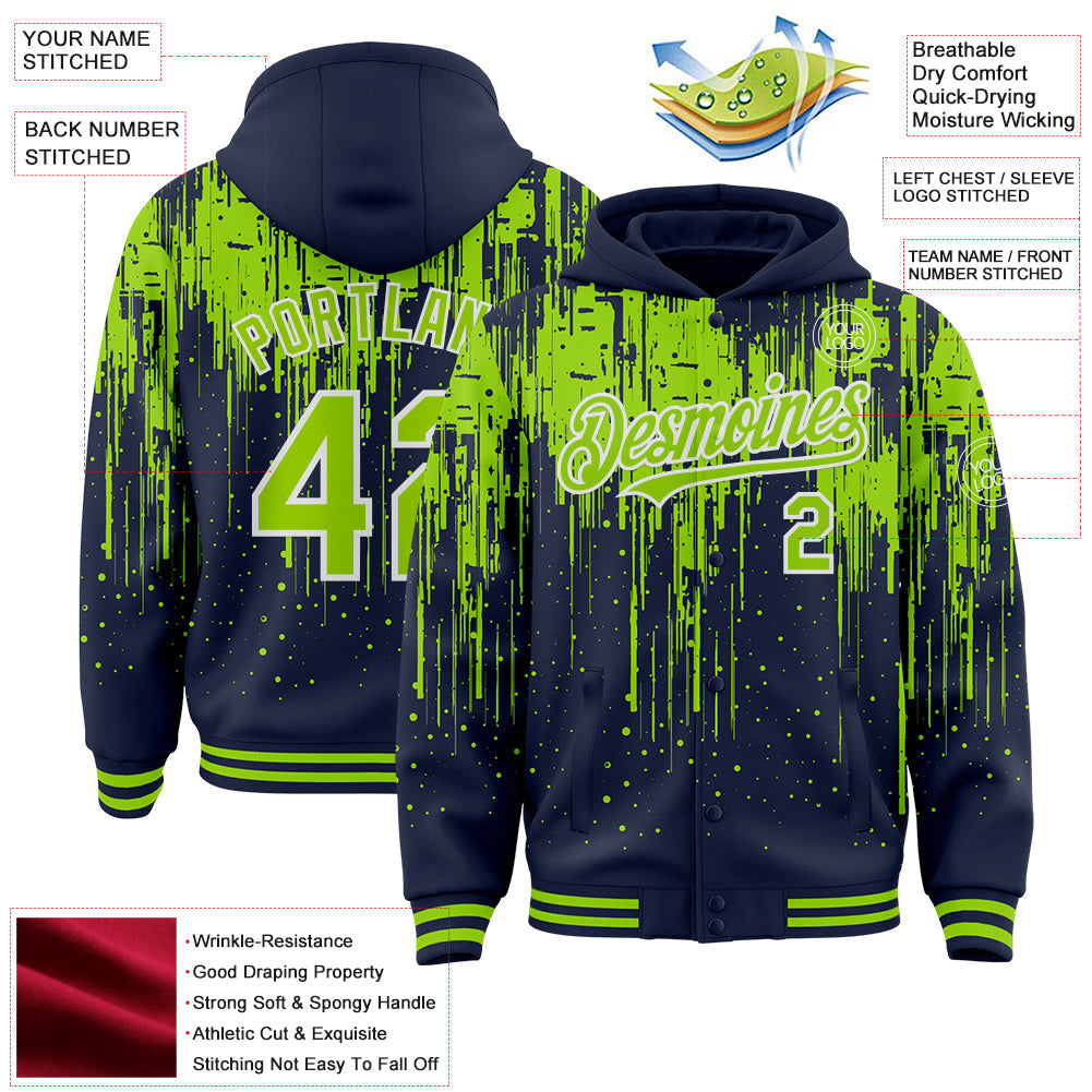 Custom Navy Neon Green-White Dripping Splatter Bomber Full-Snap Varsity Letterman Hoodie Jacket view 4