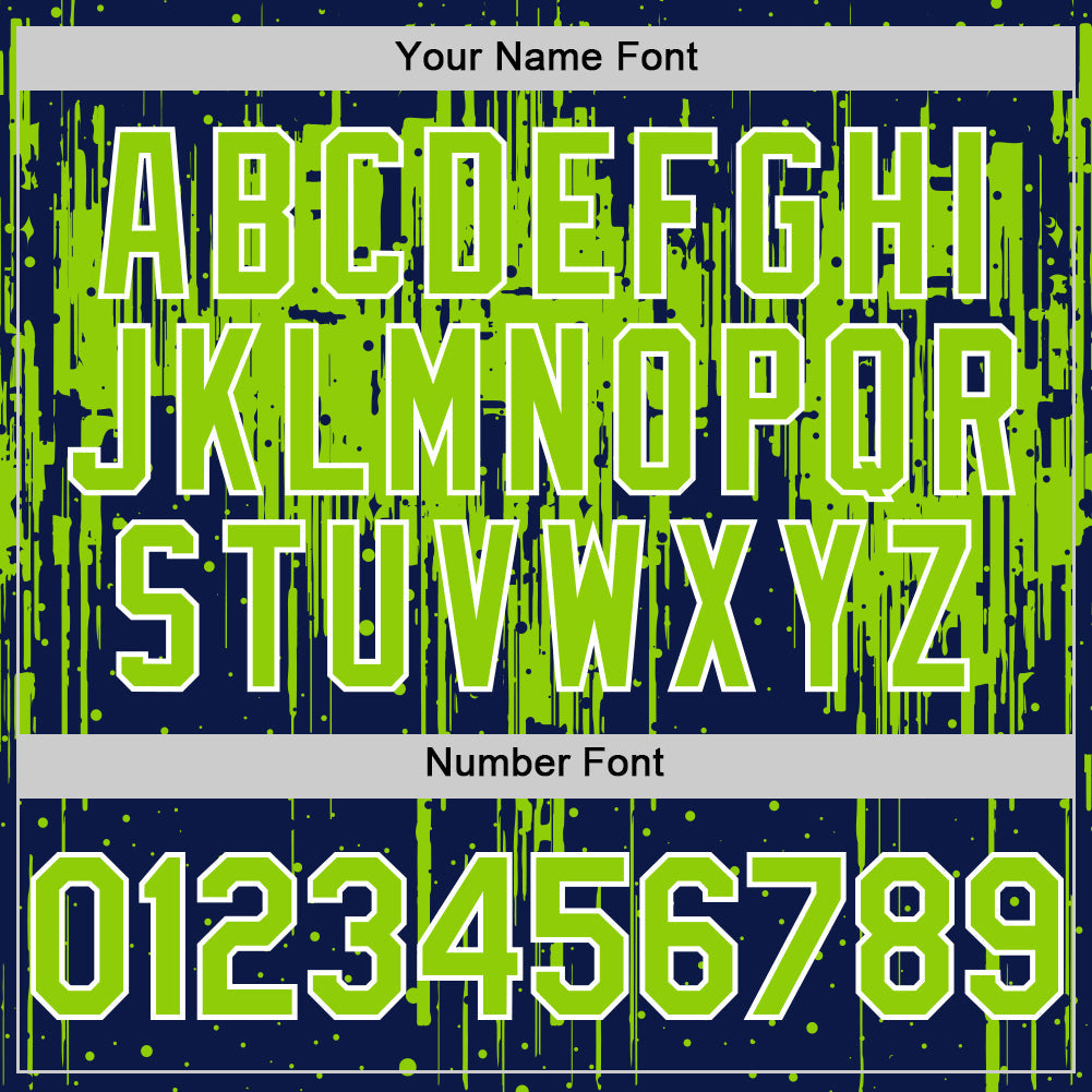 Custom Navy Neon Green-White Dripping Splatter Bomber Full-Snap Varsity Letterman Hoodie Jacket view 6