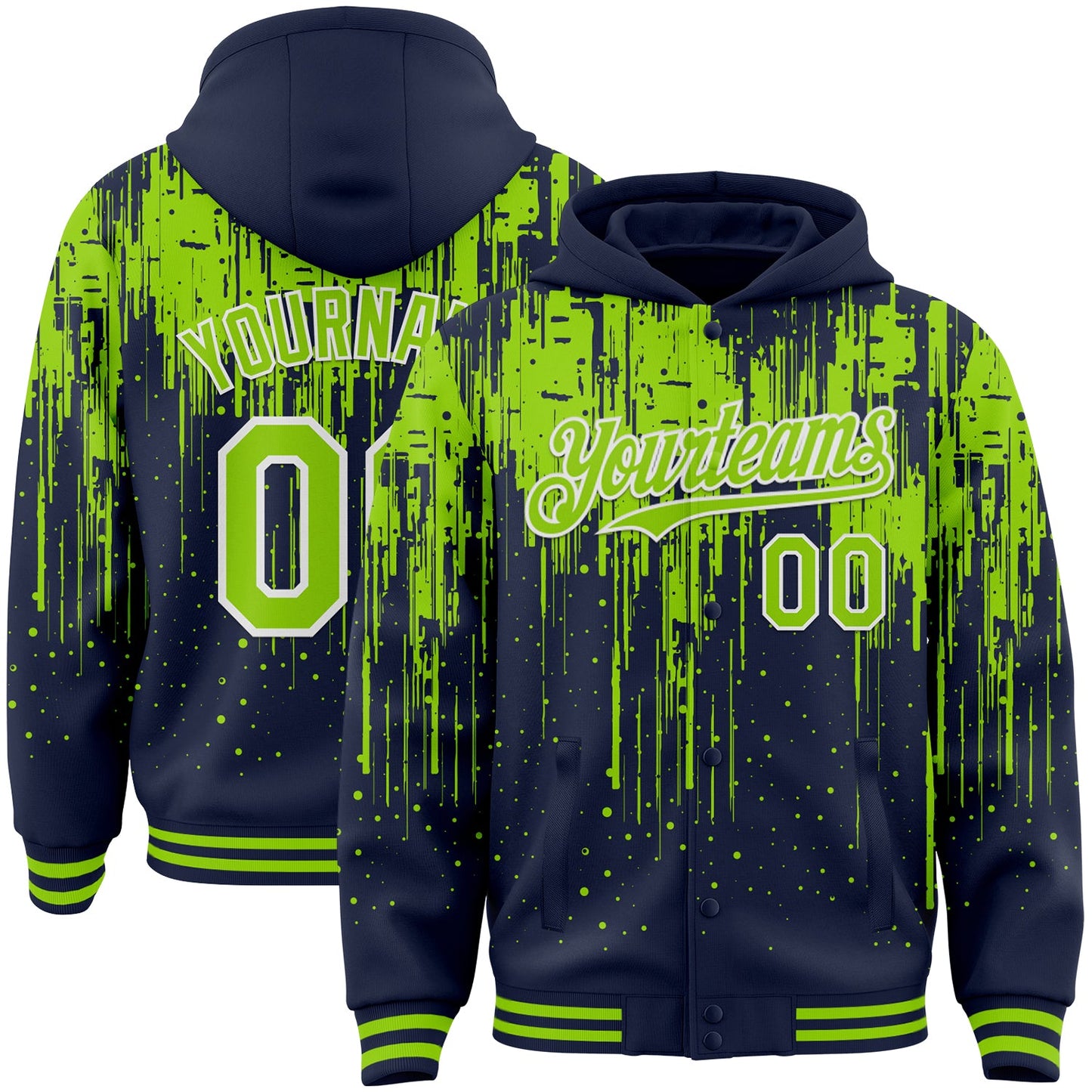 Custom Navy Neon Green-White Dripping Splatter Bomber Full-Snap Varsity Letterman Hoodie Jacket - Main View