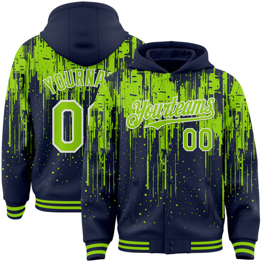 Custom Navy Neon Green-White Dripping Splatter Bomber Full-Snap Varsity Letterman Hoodie Jacket - Main View