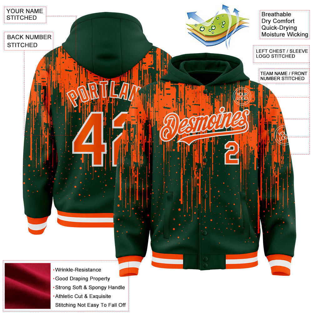 Custom Green Orange-White Dripping Splatter Bomber Full-Snap Varsity Letterman Hoodie Jacket view 4
