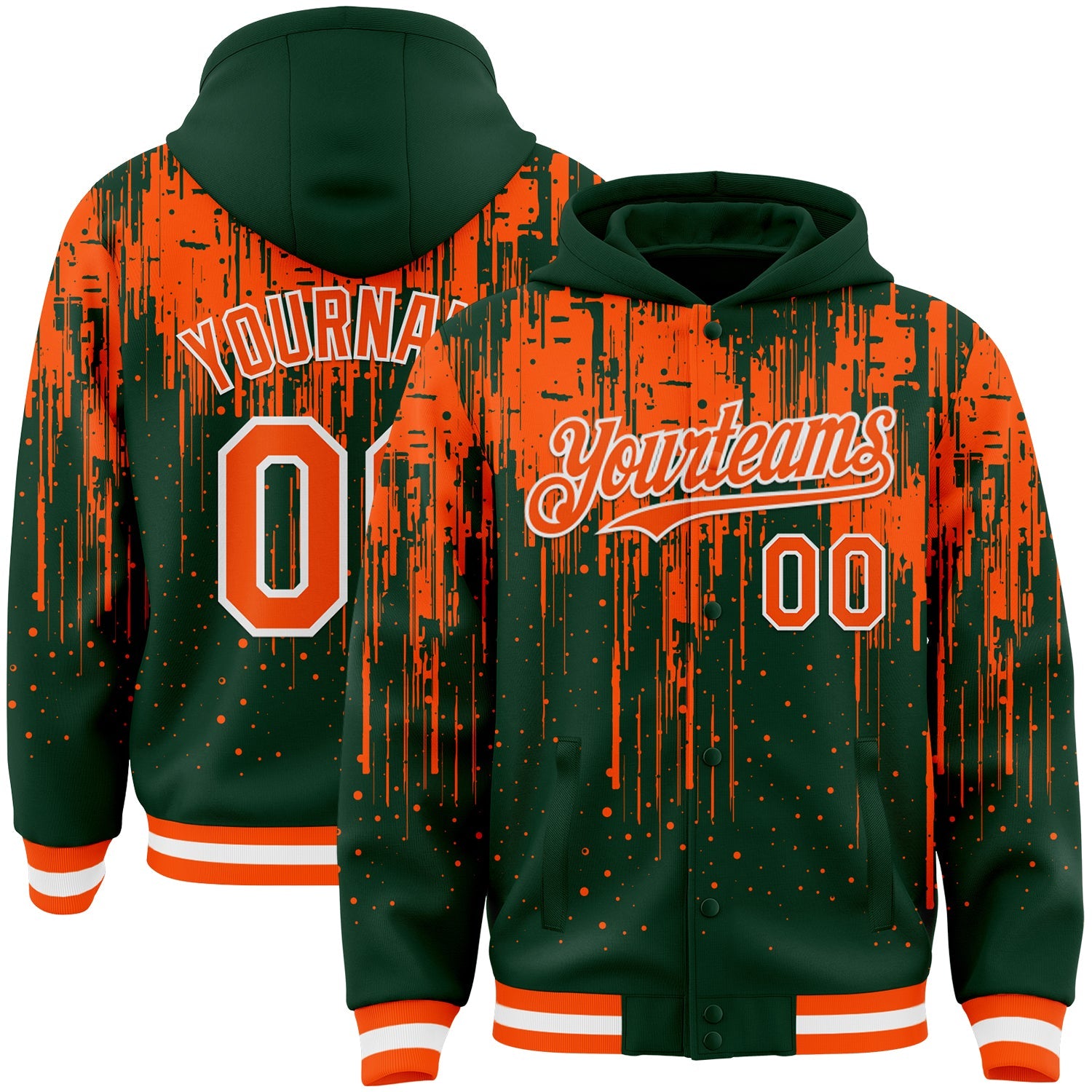 Custom Green Orange-White Dripping Splatter Bomber Full-Snap Varsity Letterman Hoodie Jacket - Main View