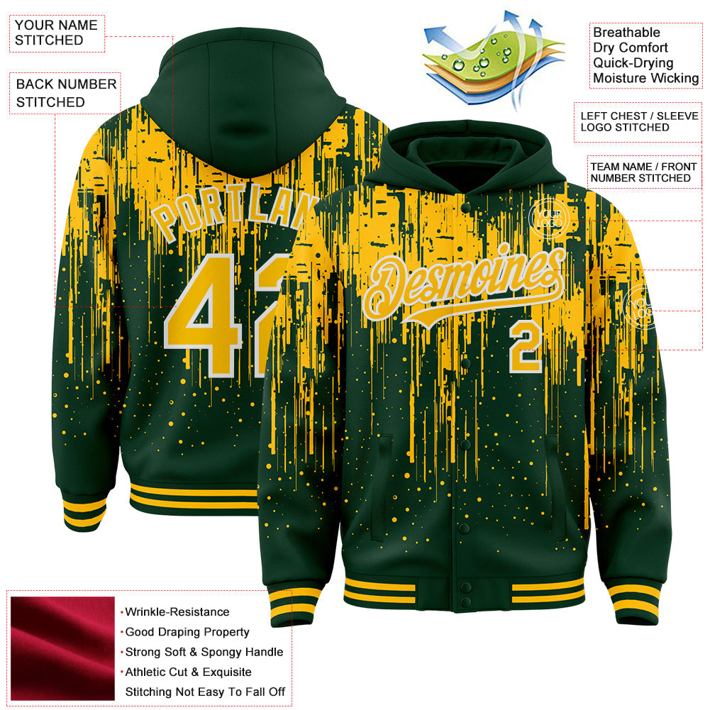 Custom Green Gold-White Dripping Splatter Bomber Full-Snap Varsity Letterman Hoodie Jacket view 4