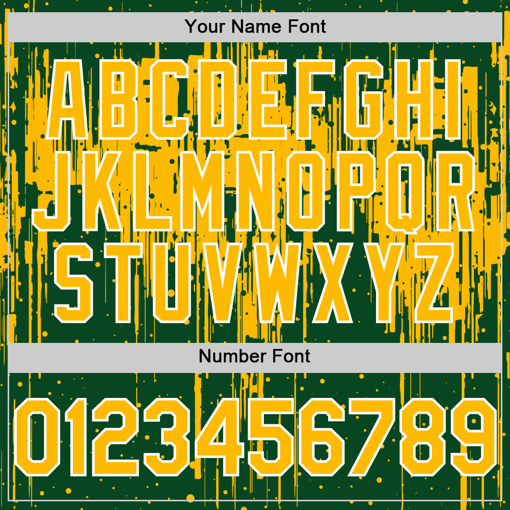 Custom Green Gold-White Dripping Splatter Bomber Full-Snap Varsity Letterman Hoodie Jacket view 6