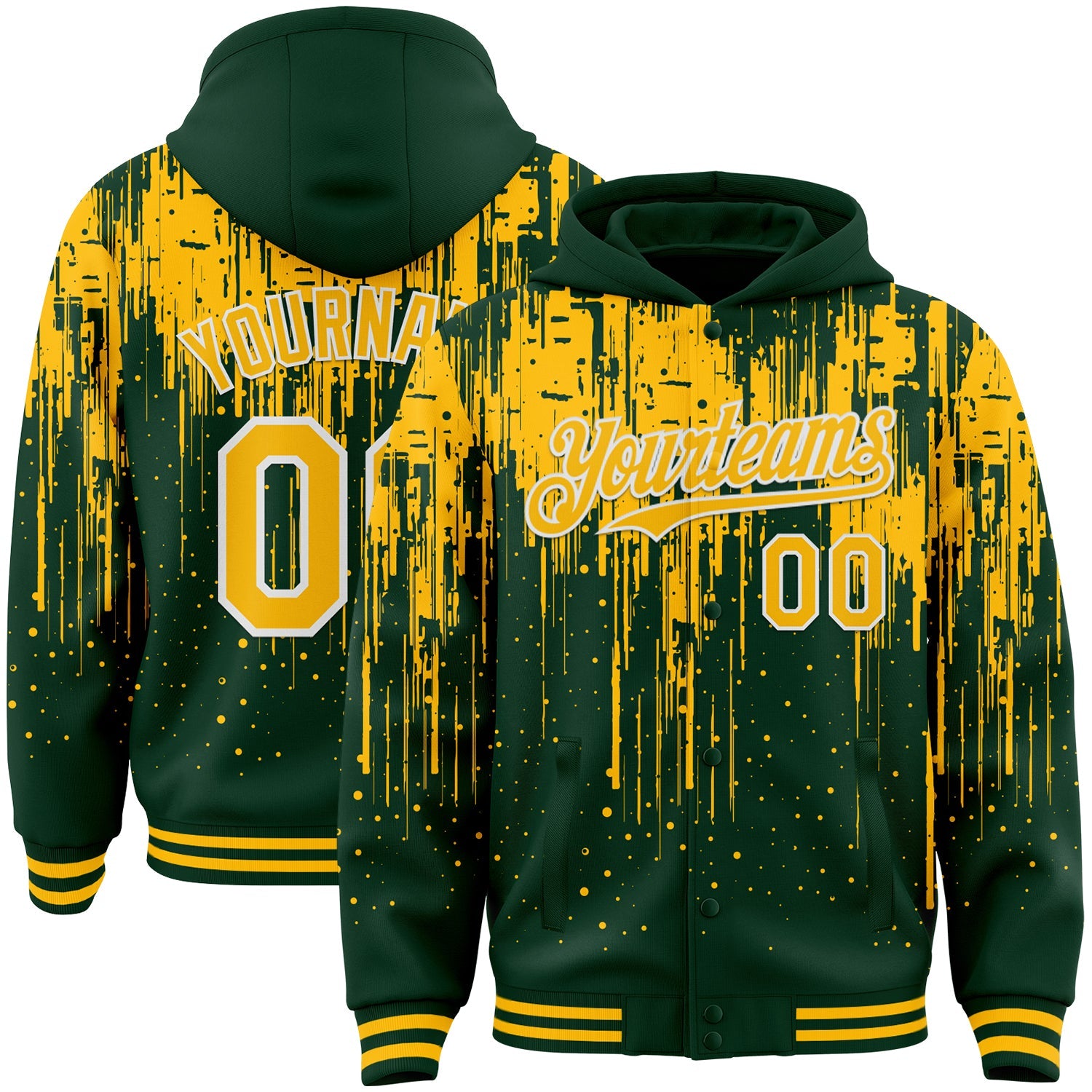 Custom Green Gold-White Dripping Splatter Bomber Full-Snap Varsity Letterman Hoodie Jacket - Main View