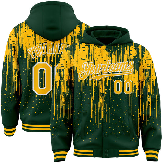 Custom Green Gold-White Dripping Splatter Bomber Full-Snap Varsity Letterman Hoodie Jacket - Main View