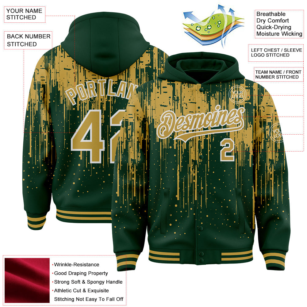 Custom Green Old Gold-White Dripping Splatter Bomber Full-Snap Varsity Letterman Hoodie Jacket view 4