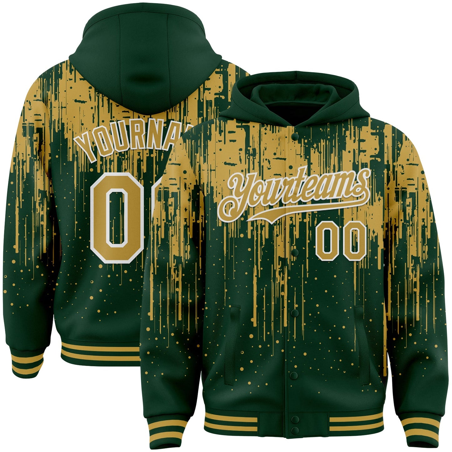 Custom Green Old Gold-White Dripping Splatter Bomber Full-Snap Varsity Letterman Hoodie Jacket - Main View