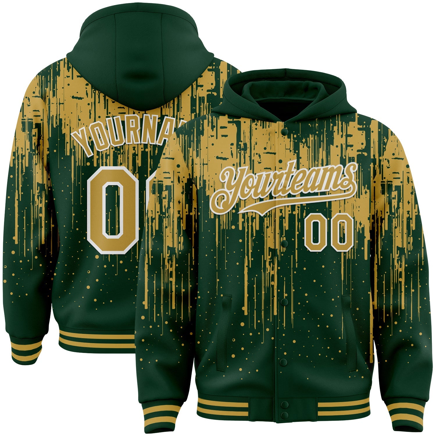 Custom Green Old Gold-White Dripping Splatter Bomber Full-Snap Varsity Letterman Hoodie Jacket - Main View