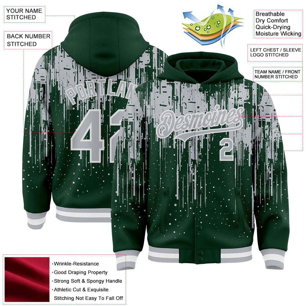Custom Green Gray-White Dripping Splatter Bomber Full-Snap Varsity Letterman Hoodie Jacket view 4