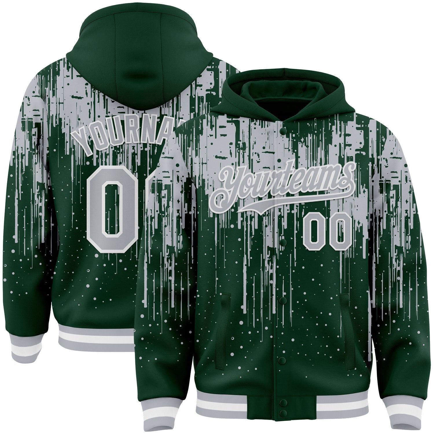 Custom Green Gray-White Dripping Splatter Bomber Full-Snap Varsity Letterman Hoodie Jacket - Main View