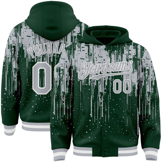 Custom Green Gray-White Dripping Splatter Bomber Full-Snap Varsity Letterman Hoodie Jacket - Main View